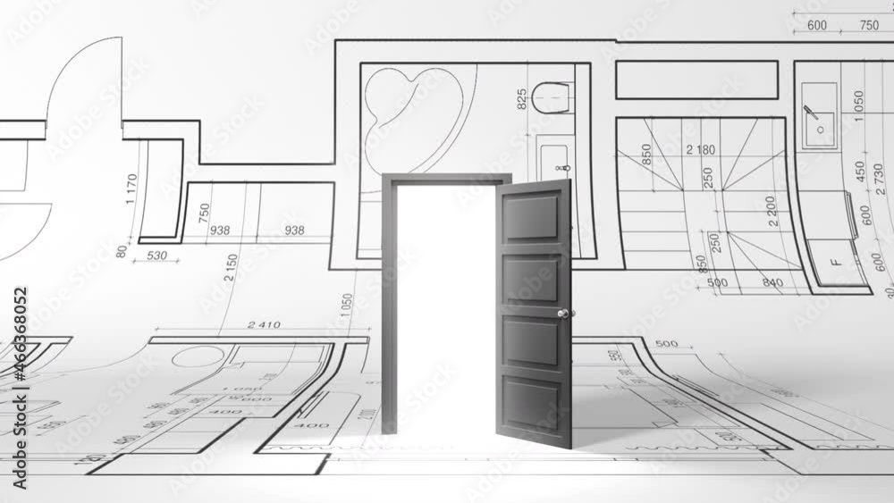 3d animation opening door against paper project and sketch design of the new house. Idea concept of purchasing apartment and buying home with mortgage with structure building and interior design.