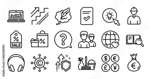 Headphones, Search book and Question mark line icons set. Secure shield and Money currency exchange. International love, Household service and Money bag icons. Vector