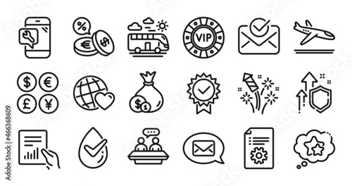 Friends world, Arrivals plane and Bus travel line icons set. Secure shield and Money currency exchange. Messenger, Vip chip and Employees talk icons. Vector