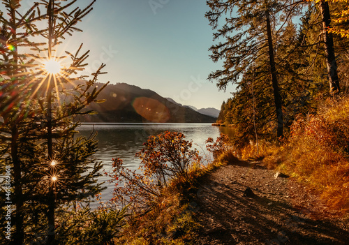 autumn walking path next to White lake in Austria