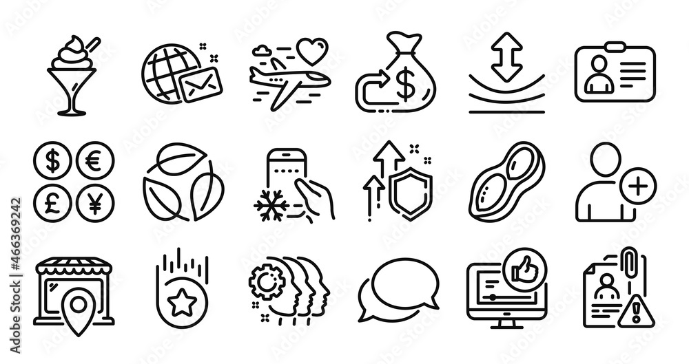 Fototapeta premium Cashback, Leaves and Refrigerator app line icons set. Secure shield and Money currency exchange. Like video, Peanut and Resilience icons. Market location, Messenger and Loyalty star signs. Vector