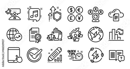 Confirmed, Musical note and Electricity line icons set. Secure shield and Money currency exchange. Certificate, Court jury and Judge hammer icons. Vector