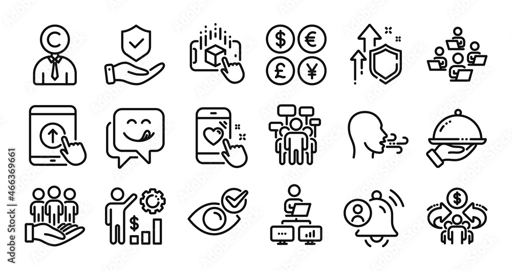 Sharing economy, Heart rating and Teamwork line icons set. Secure shield and Money currency exchange. Insurance hand, Augmented reality and Breathing exercise icons. Vector