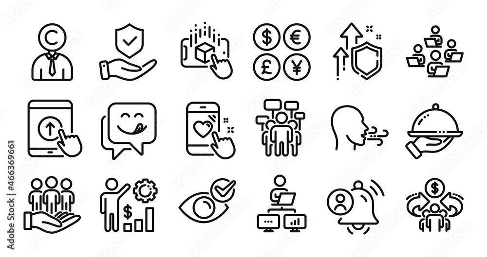 Sharing economy, Heart rating and Teamwork line icons set. Secure shield and Money currency exchange. Insurance hand, Augmented reality and Breathing exercise icons. Vector Sharing economy, Heart rating and Teamwork line icons set. Secure shield and Money currency exchange. Insurance hand, Augmented reality and Breathing exercise icons. Vector