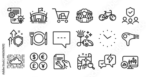 Arena, Vacuum cleaner and Internet shopping line icons set. Secure shield and Money currency exchange. Lightning bolt, Candlestick chart and Women group icons. Vector
