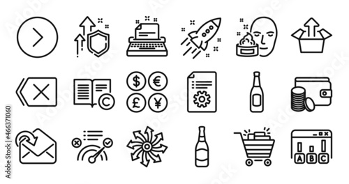 Startup rocket, Copyright and Correct answer line icons set. Secure shield and Money currency exchange. Forward, Shopping cart and Versatile icons. Face cream, Beer and Beer bottle signs. Vector