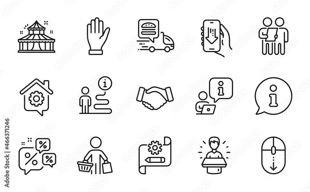 Business icons set. Included icon as Food delivery, Handshake, Work home signs. Buyer, Survey, Circus symbols. Brand ambassador, Discounts chat, Scroll down. Hand, Cogwheel blueprint. Vector Business icons set. Included icon as Food delivery, Handshake, Work home signs. Buyer, Survey, Circus symbols. Brand ambassador, Discounts chat, Scroll down. Hand, Cogwheel blueprint. Vector