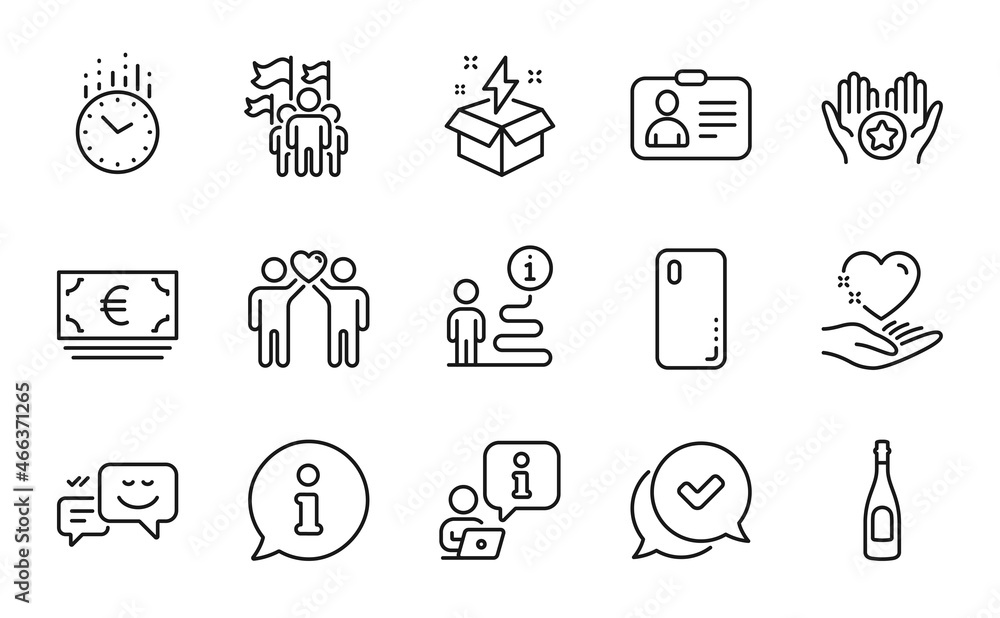 Business icons set. Included icon as Euro currency, Leadership, Id card signs. Favorite, Creative idea, Time symbols. Happy emotion, Approved, Hold heart. Champagne, Friends couple. Vector Business icons set. Included icon as Euro currency, Leadership, Id card signs. Favorite, Creative idea, Time symbols. Happy emotion, Approved, Hold heart. Champagne, Friends couple. Vector