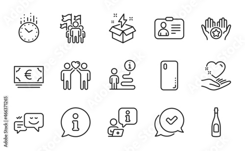 Business icons set. Included icon as Euro currency, Leadership, Id card signs. Favorite, Creative idea, Time symbols. Happy emotion, Approved, Hold heart. Champagne, Friends couple. Vector