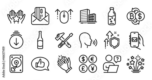 Buildings, Fireworks stars and Ranking line icons set. Secure shield and Money currency exchange. Scroll down, Clapping hands and Human sing icons. Mail app, Hdd and Hammer tool signs. Vector