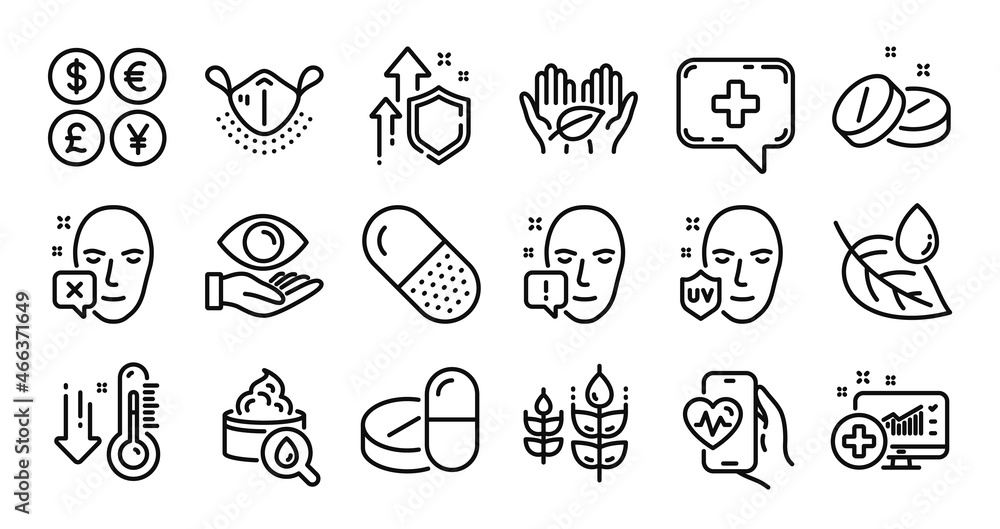 Obraz premium Uv protection, Medical chat and Medical analytics line icons set. Secure shield and Money currency exchange. Low thermometer, Face attention and Fair trade icons. Vector