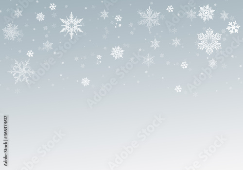 Snow background. Grey and white Christmas snowfall. Winter concept with falling snow. Holiday texture and white snowflakes