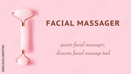 Quartz facial massager 3d realistic vector illustration on pink background. Concept trendy skincare facial massage tool horizontal banner