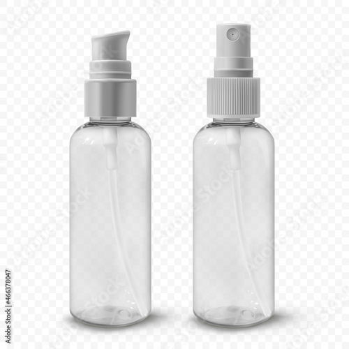 Transparent plastic cosmetic bottles set realistic vector illustration. Containers for sanitizer, mist, thermal water, lotion, cream, beauty product