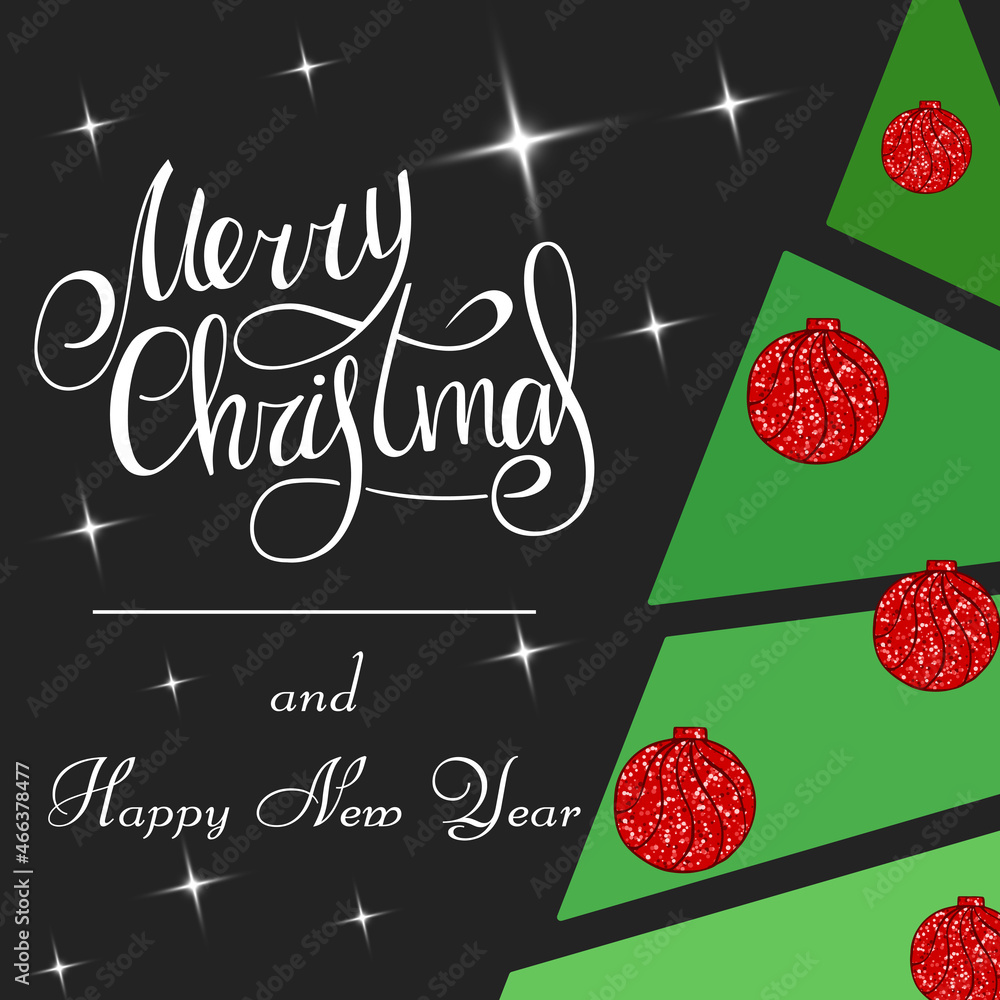 Naklejka premium Handwritten lettering Merry Christmas and Happy New Year 2022. Christmas tree with red sparkling balls.