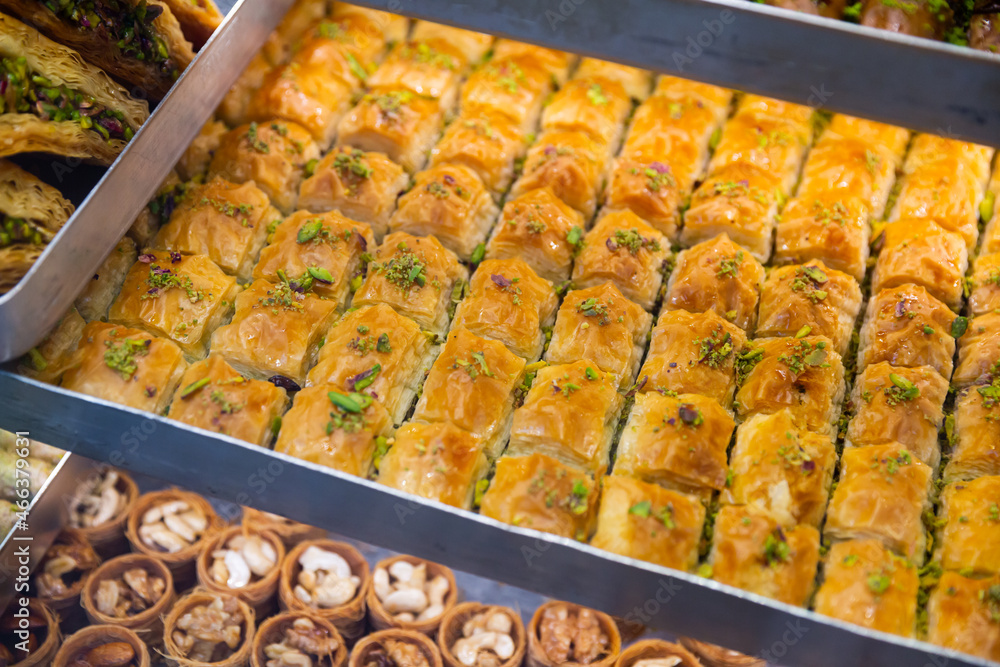 Traditional Oriental sweet Baklava pastries at the Turkish market.