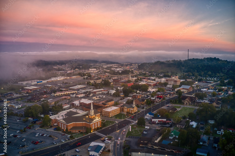Aerial View of Sevierville, Tennessee on a Hazy Fall Sunrise