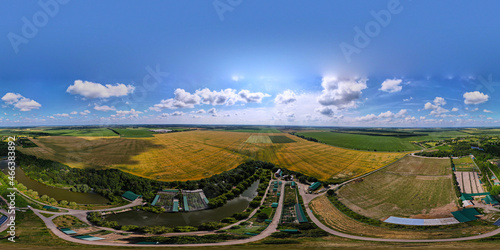 Panorama, Aerial view of Village in Valley,Around Sown Fields, Clear Sky, Ukraine, Stavishche 