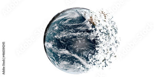 Disintegration of the world globe on white background, fragmented earth. (Elements of this image furnished by NASA) 