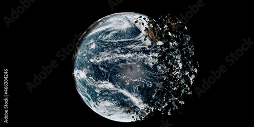 Disintegration of the world globe on black background, fragmented earth. (Elements of this image furnished by NASA)