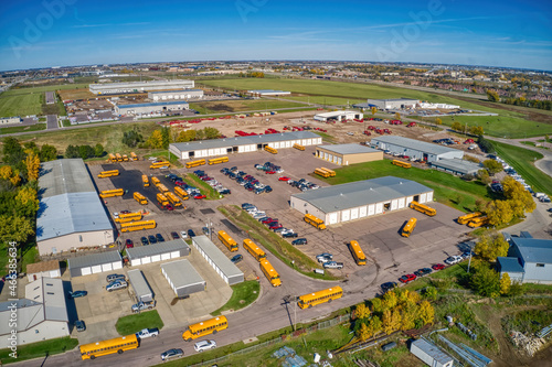 Canvas Print Aerial View of a School Bus Yard during Departure Time