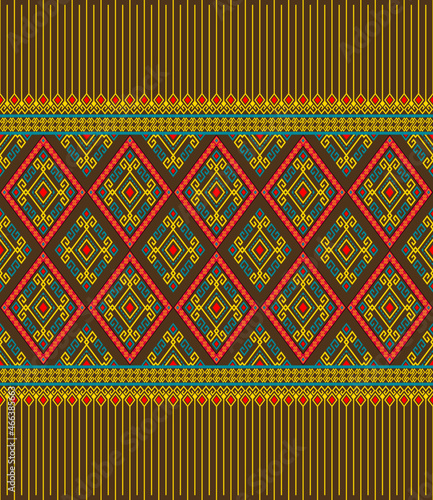 Yellow Green Ethnic or Tribal Seamless Pattern on Brown Background in Symmetry Rhombus Geometric Bohemian Style for Clothing or Apparel,Embroidery,Fabric,Package Design