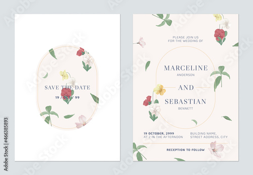 Fototapeta Naklejka Na Ścianę i Meble -  Floral wedding invitation card template design, pansy flowers and leaves on brown