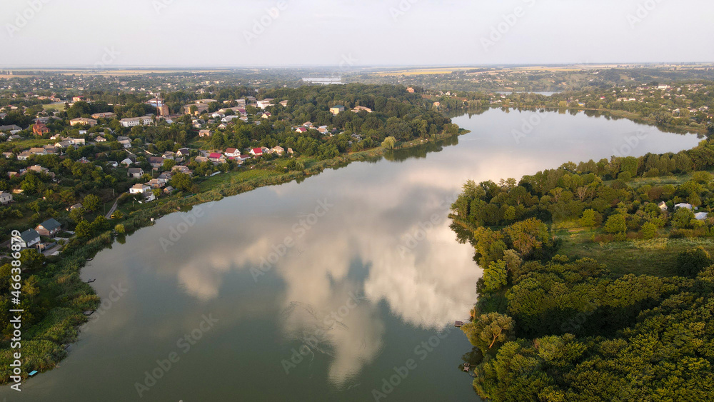 Cloud In Reflection In Lakes, Village in Valley, Horizon, Sown Fields, Ukraine, Stavishche