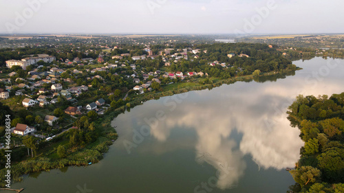 Clouds In Reflection In Lakes, Village in Valley, Horizon, Sown Fields, Ukraine, Stavishche
