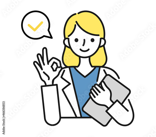 OKサインをする白衣を着た女性の看護師/医師のイラスト素材