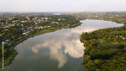 Cloud In Reflection In Lakes, Village in Valley, Horizon, Sown Fields, Ukraine, Stavishche