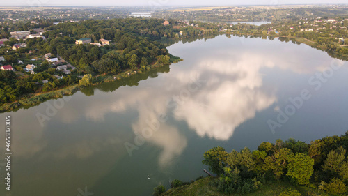 Cloud In Reflection In River, Village in Valley, Horizon, Sown Fields, Ukraine, Stavishche