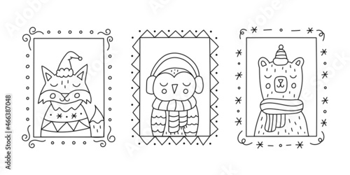 Cute Christmas animals in frames. Ideal for coloring books, stamps, tags. Doodle style. Vector illustration.