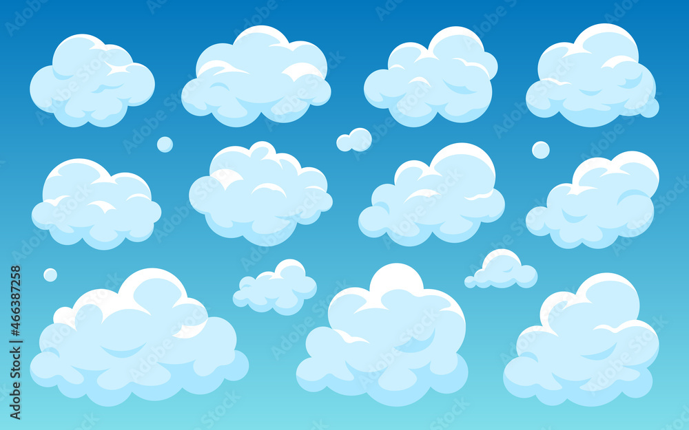 Cloud blue flat set. Cartoon clear weather symbol for game app widget website interface. Meteorology wallpaper splash element cloudless sky 2D. Free nodding shape postcard book advertising isolated