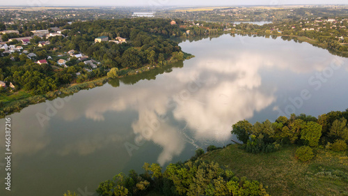 Cloud In Reflection In River, Village in Valley, Horizon, SkyLine, Evening, Sown Fields, Ukraine, Stavishche