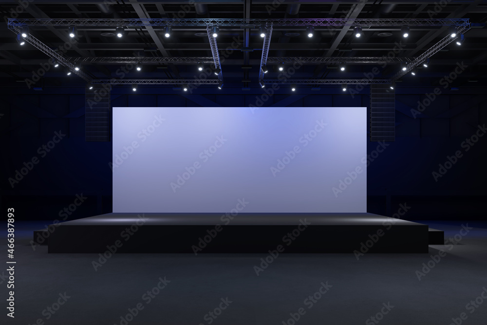Empty stage Design for mockup and Corporate identity,Display.Platform elements in hall.Blank screen system for Graphic Resources.Scene event led night light staging.3d Background for online.3 render. - obrazy, fototapety, plakaty 