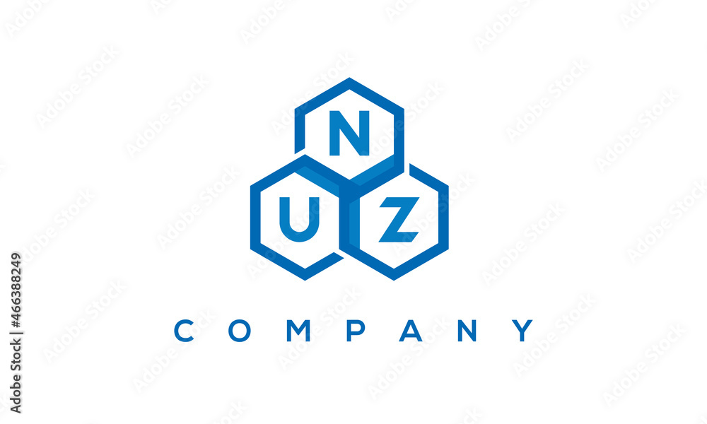 NUZ letters design logo with three polygon hexagon logo vector template	