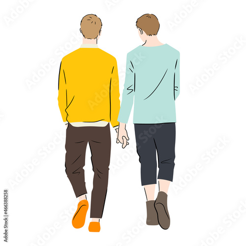 Illustration of back view of same sex couple on a walk (white background, vector, cut out)
