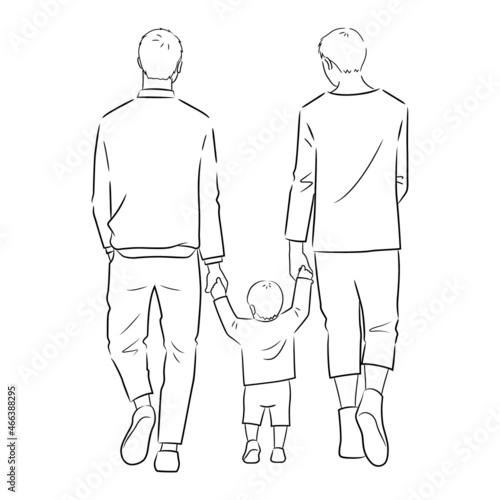 Illustration of back view of the family(same sex couple) on a walk (white background, vector, cut out, line art)