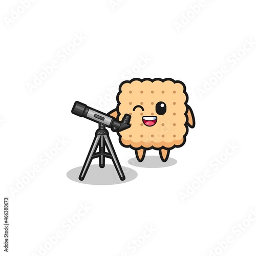 cracker astronomer mascot with a modern telescope