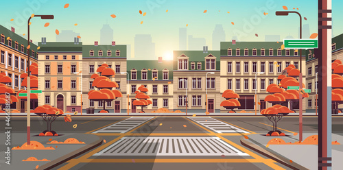 autumn city street with modern houses exterior urban buildings facade horizontal vector illustration
