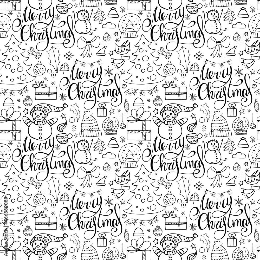 Seamless pattern in doodle style. Winter endless illustration is hand-drawn. Happy New Year 2022 and Merry Christmas. Handwritten lettering, Christmas tree with toys, snowmen and other winter elements