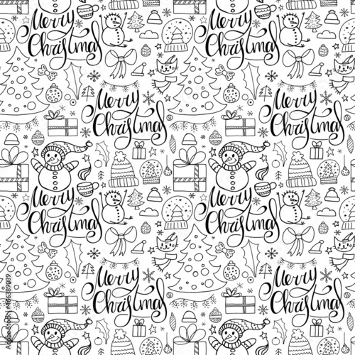 Seamless pattern in doodle style. Winter endless illustration is hand-drawn. Happy New Year 2022 and Merry Christmas. Handwritten lettering  Christmas tree with toys  snowmen and other winter elements