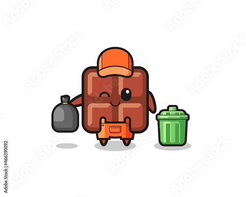the mascot of cute chocolate bar as garbage collector