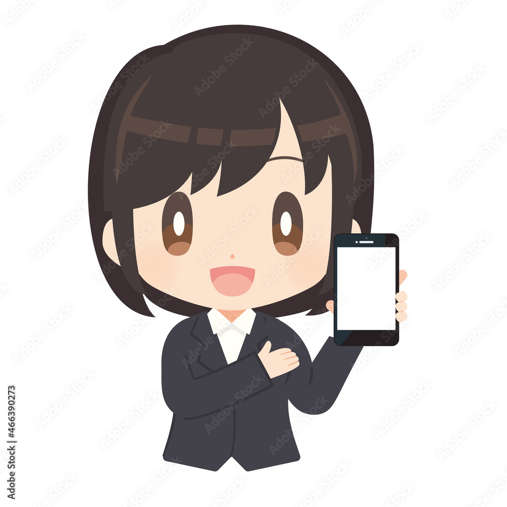 スマートフォンを持ったスーツ姿の女性イラスト スマートフォンを持ったスーツ姿の女性イラスト