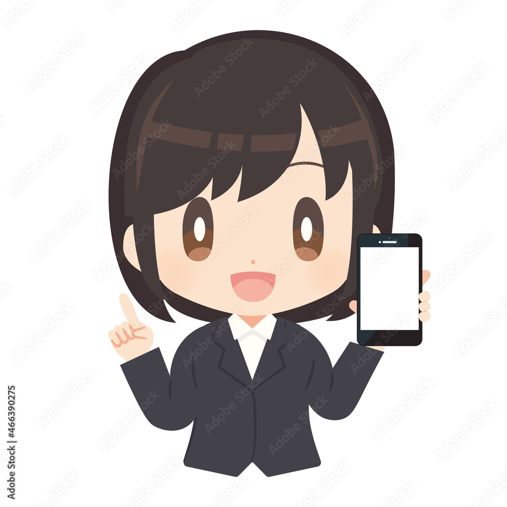 スマートフォンを持ったスーツ姿の女性イラスト