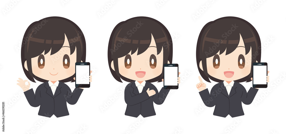 スマートフォンを持ったスーツ姿の女性イラストセット