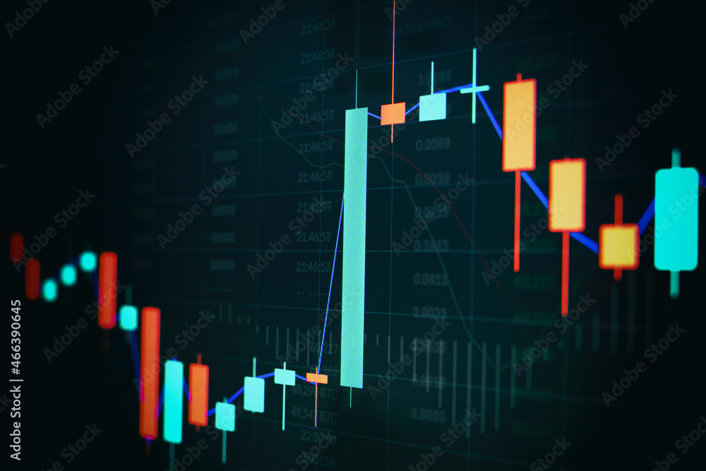Close up financial chart with uptrend line graph in stock market on monitor background Close up financial chart with uptrend line graph in stock market on monitor background