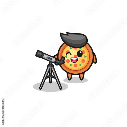 pizza astronomer mascot with a modern telescope