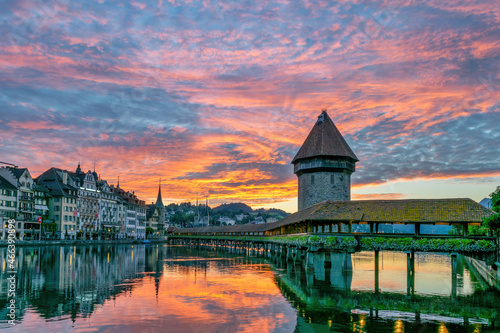 Lucerne (Luzern) Switzerland, sunrise city skyline at Chapel Bridge